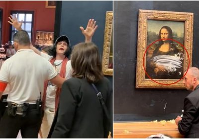 Мужчина в парике бросил кусок торта в картину Моны Лизы в Лувре