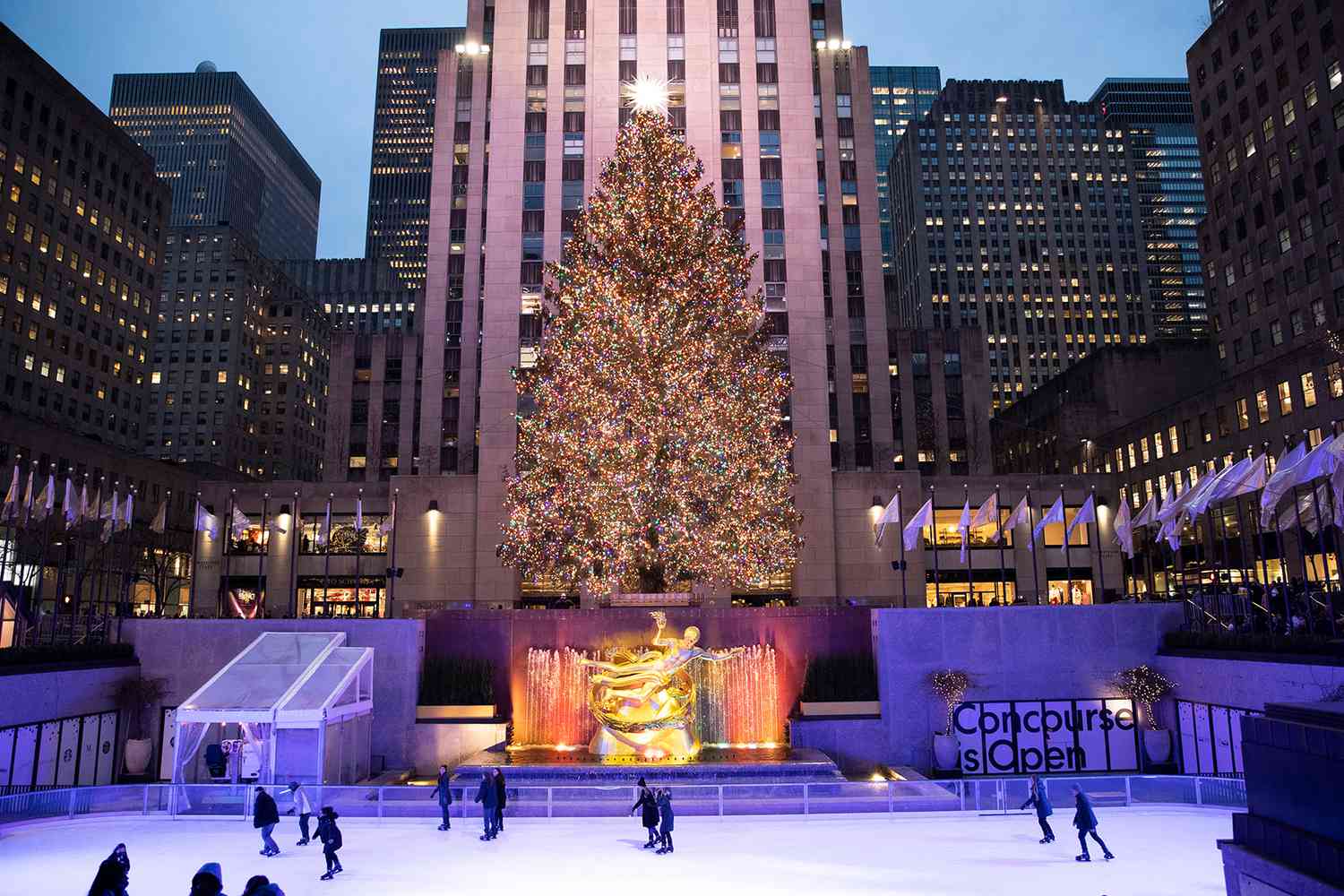 Люди катаются на коньках перед освещенной рождественской елкой в ​​Рокфеллер-центре в Нью-Йорке.